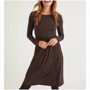 Boden Long Sleeve Midi Dress in Brown with Tiny Cream Dots